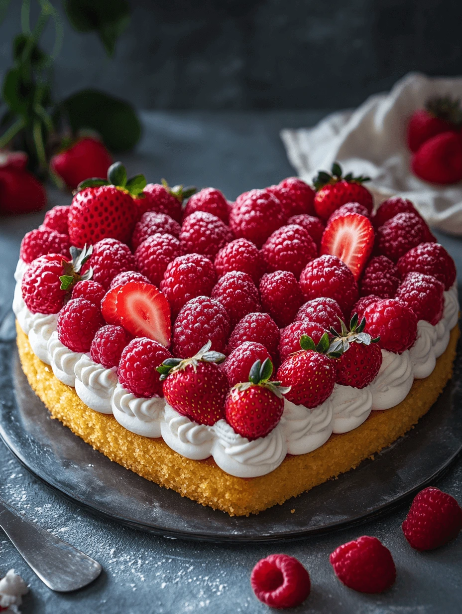 A Vintage Heart Cake topped with a layer of whipped cream, fresh strawberries, and raspberries on a dark slate plate.