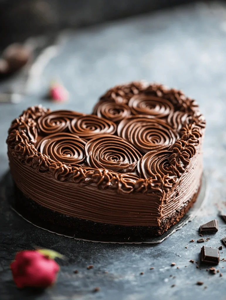 Heart chocolate cake intricately decorated with chocolate swirls and roses on a dark slate background.