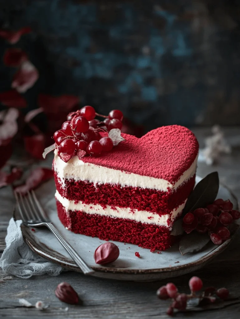 A heart red velvet cake with cream layers and a topping of red grapes on a rustic plate.